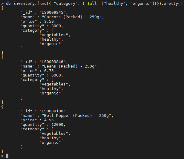 MongoDB $all operator example.