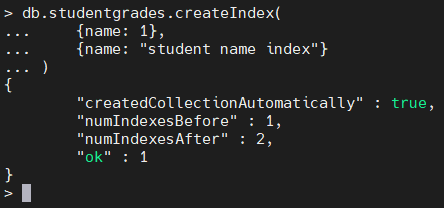 Creating an index called student name index.