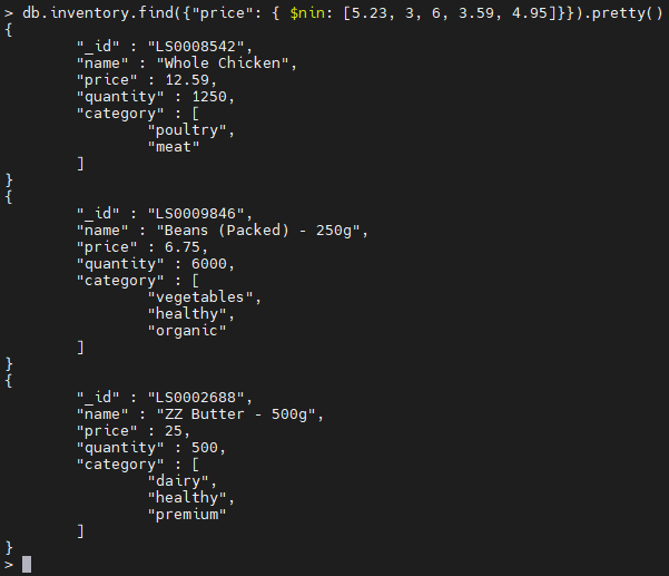 MongoDB $nin operator example.